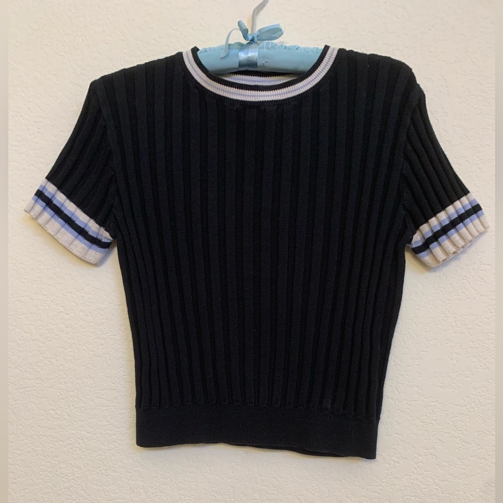 J.O.A. Black Ribbed Knit Top with White Trim